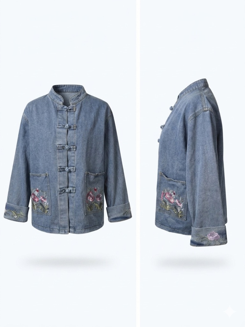 Vintage Embroidered Denim Jacket Chinese Frog Closure Boho Y2K- M/L